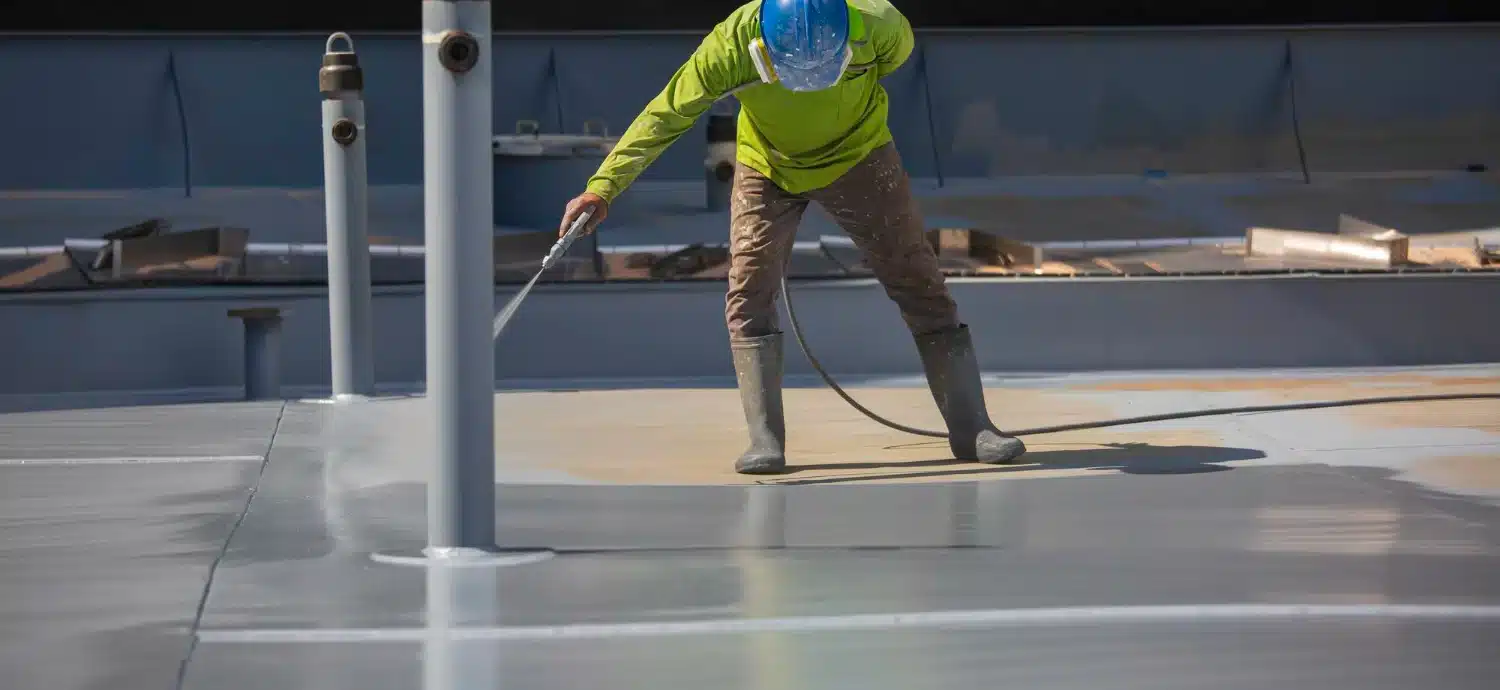 Worker in high-visibility gear spraying protective epoxy coating onto a concrete floor surface.
