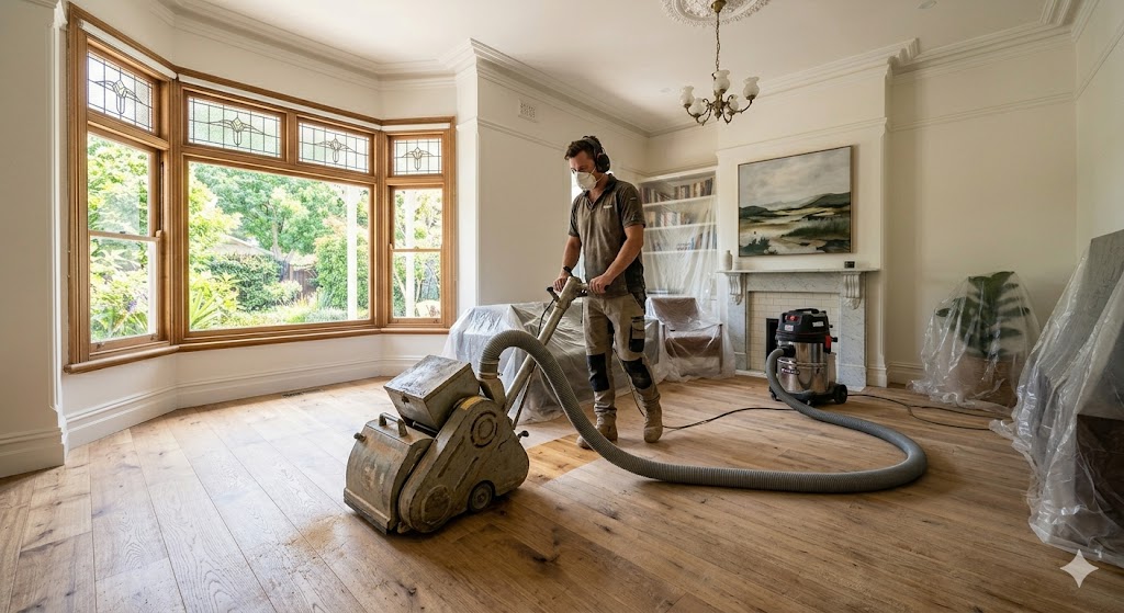 Professional using a dustless floor sander on hardwood boards