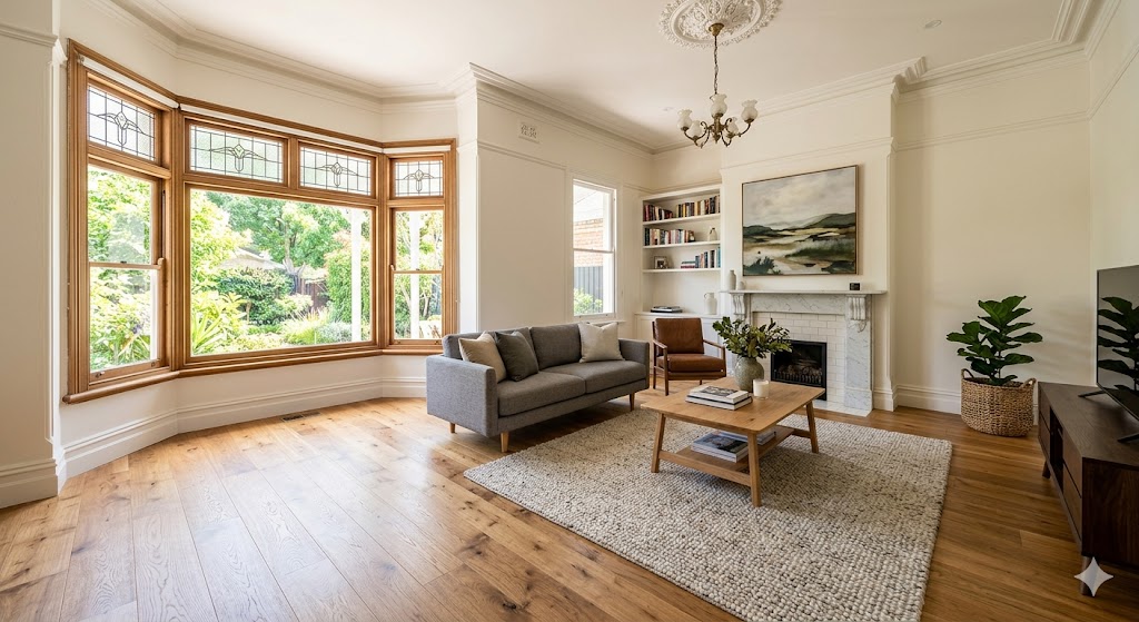 Freshly sanded and finished timber floorboards in a Melbourne living room