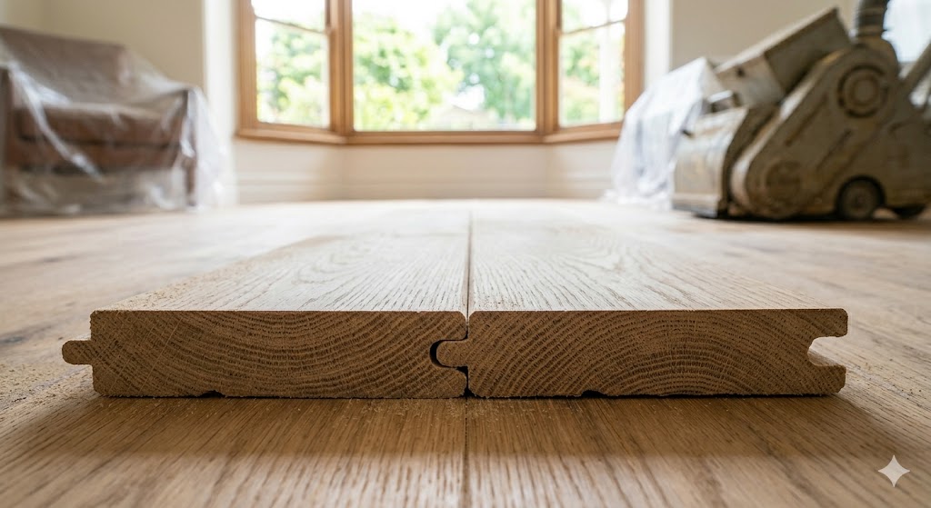 Close-up of a sanded floorboard edge showing timber grain